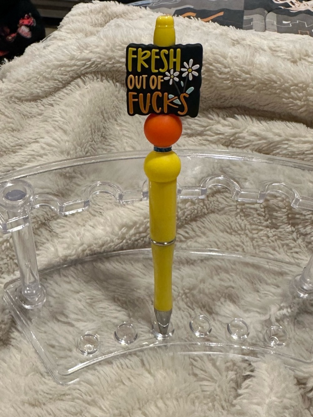 Yellow Novelty Pen with 'Fresh Out of Fucks' Topper